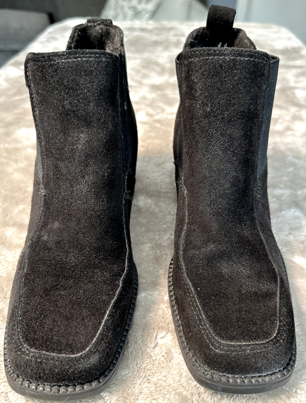 Barbo Canada Black Suede Square Toe Chunky Heel Ankle Boots Womens Size 7 W